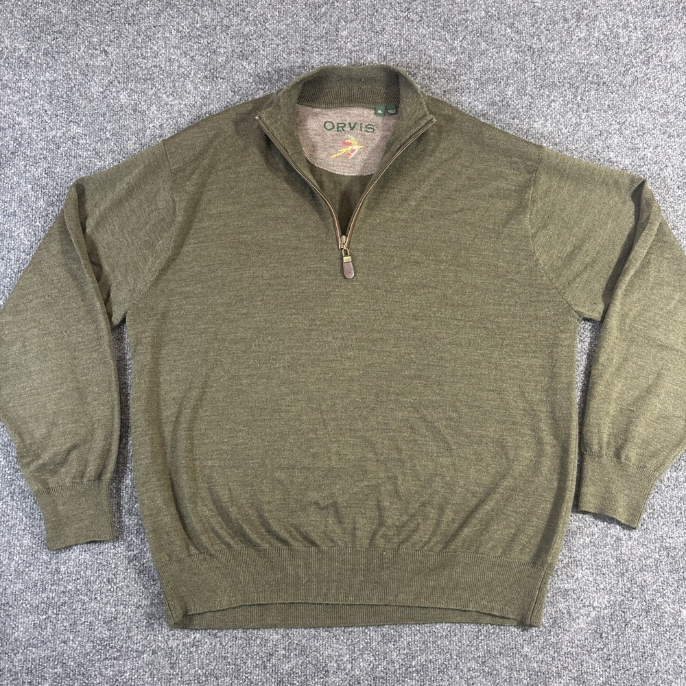 Orvis Men's XL Quarter Zip Sweater 100% Merino Wool Dark Green Pullover Fly Logo